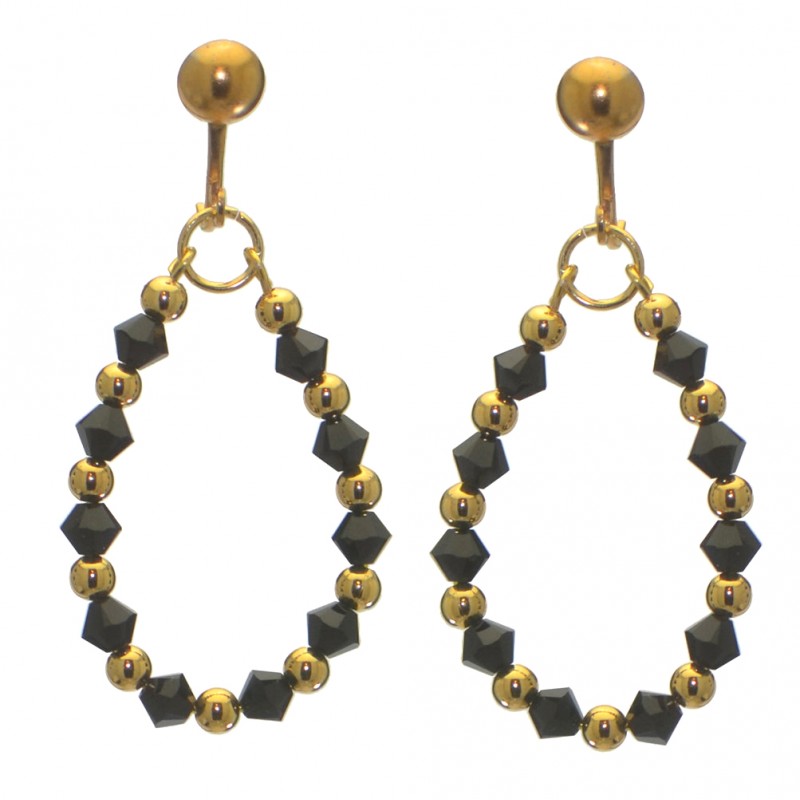 ADEOLA OVAL gold plated jet black crystal hoop clip on earrings