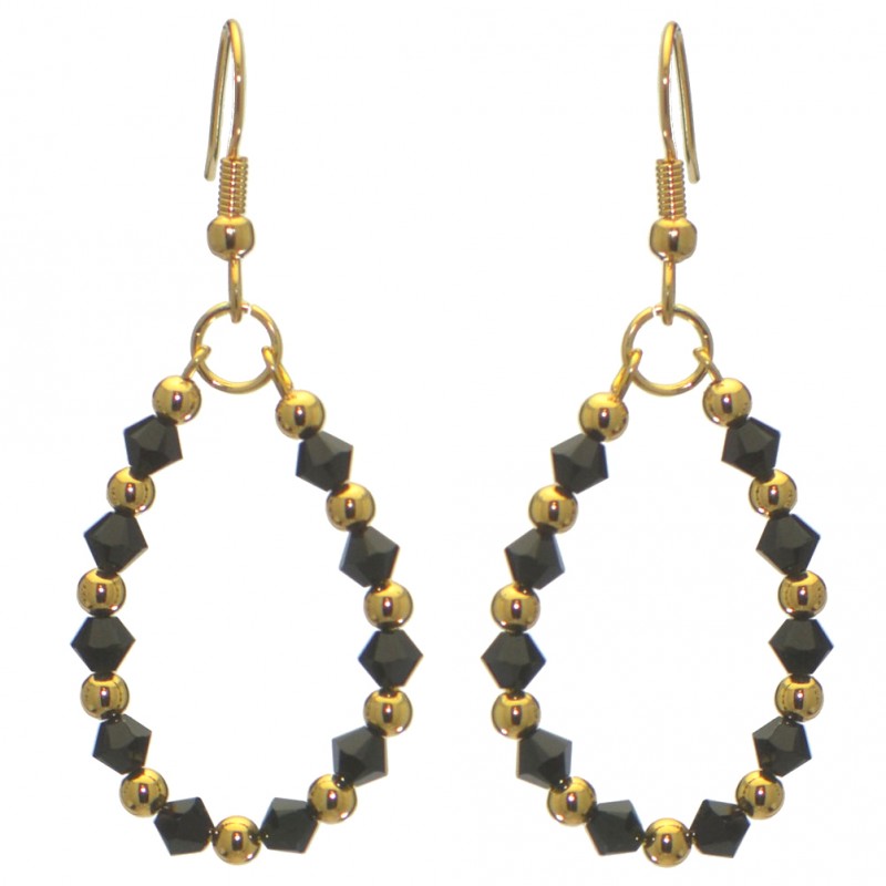 ADEOLA OVAL gold plated jet black crystal hoop hook earrings