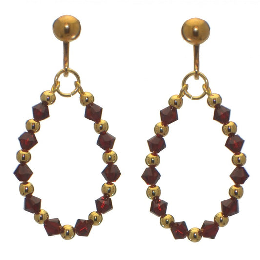 ADEOLA OVAL gold plated siam red crystal hoop clip on earrings