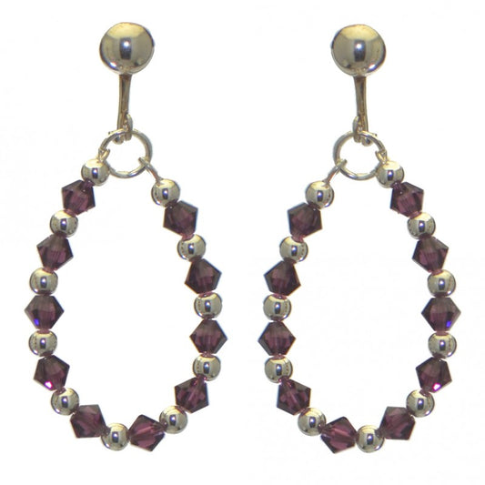 ADEOLA OVAL silver plated amethyst crystal hoop clip on earrings