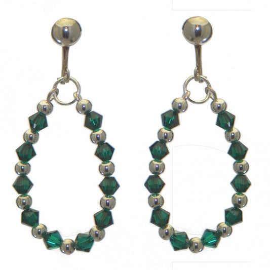 ADEOLA OVAL silver plated emerald green crystal hoop clip on earrings