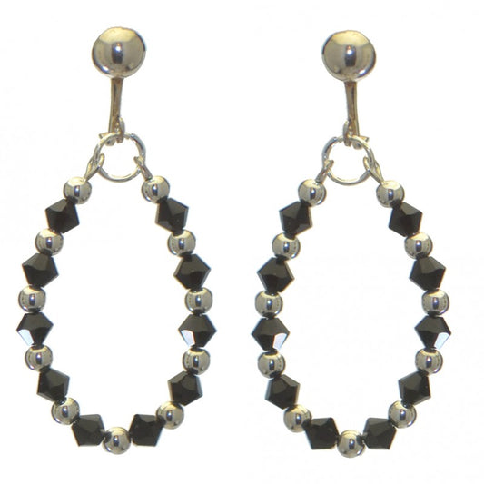 ADEOLA OVAL silver plated jet black crystal hoop clip on earrings