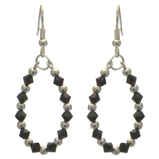 ADEOLA OVAL silver plated jet black crystal hoop hook earrings