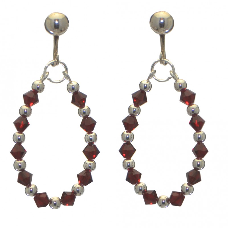 ADEOLA OVAL silver plated siam red crystal hoop clip on earrings