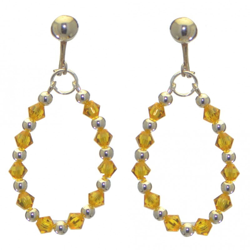 ADEOLA OVAL silver plated sunflower yellow crystal hoop clip on earrings