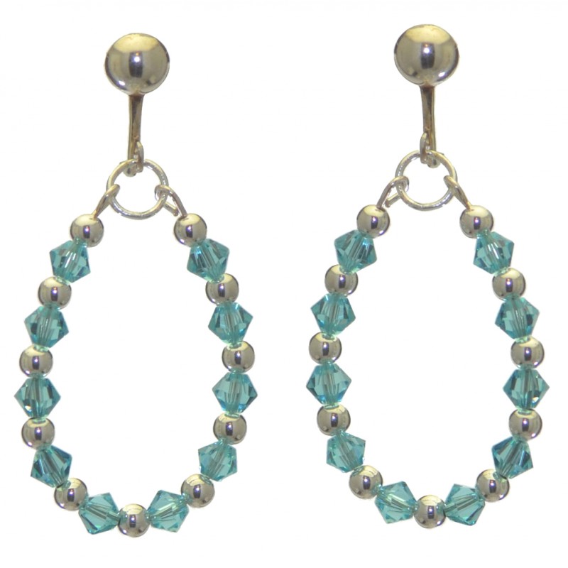 ADEOLA OVAL silver plated turquoise crystal hoop clip on earrings