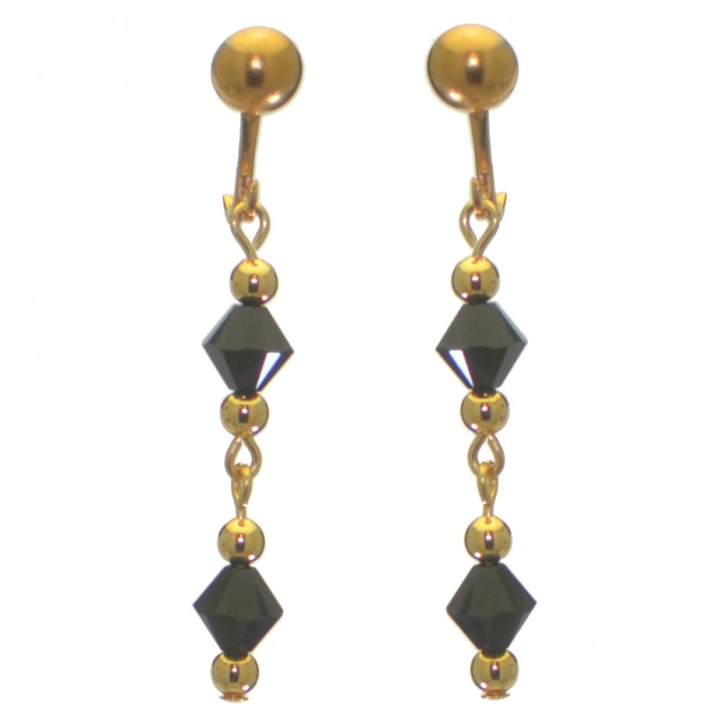 ADONA gold plated swarovski elements jet black crystal drop clip on earrings