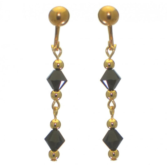 ADONA gold plated swarovski elements jet black crystal drop clip on earrings