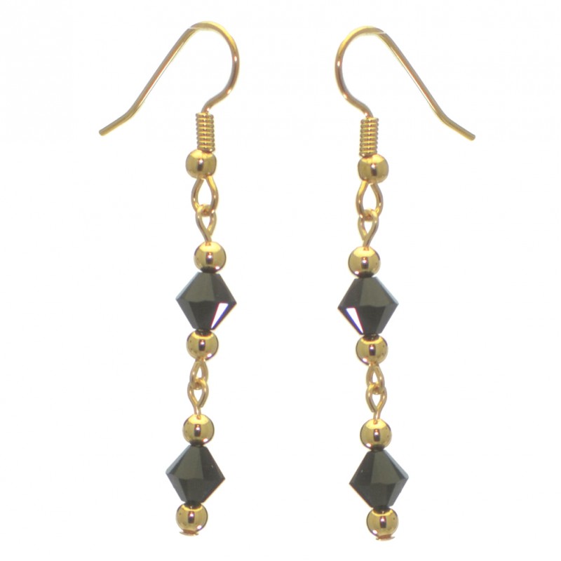 ADONA gold plated swarovski elements jet black crystal drop hook earrings