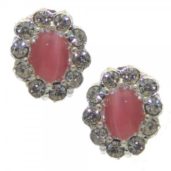 ADORLEE Silver tone Deep Pink Crystal Clip On Earrings