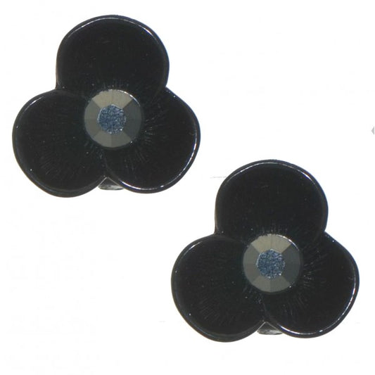 ADORNA black crystal flower clip on earrings