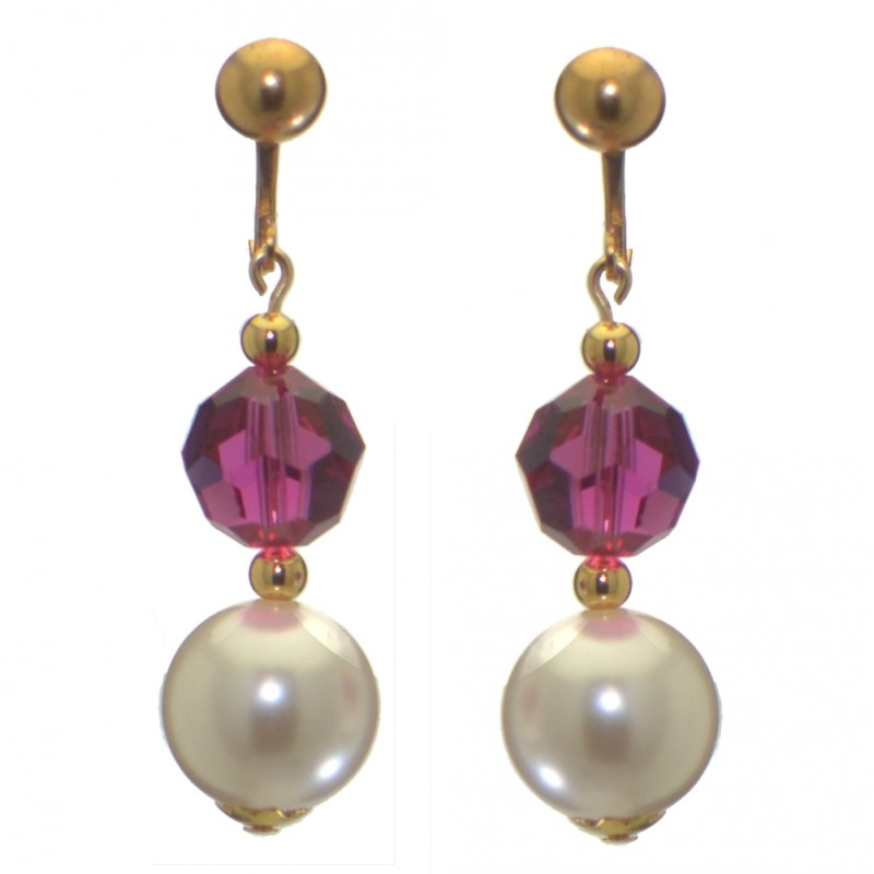 ALEXIA gold plated fuchsia pink white faux pearl clip on earrings