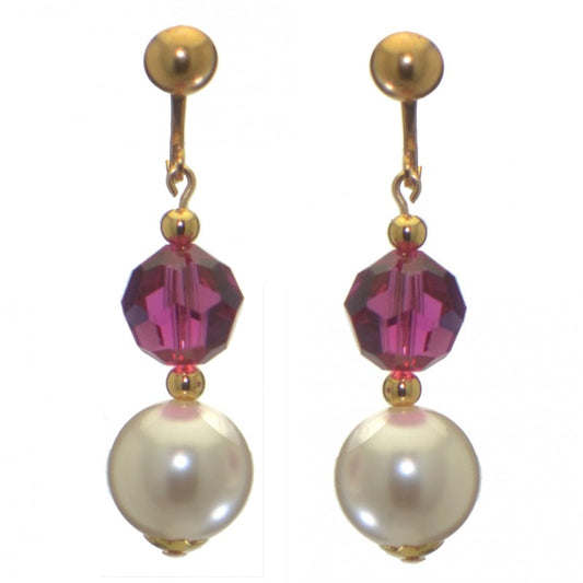 ALEXIA gold plated fuchsia pink white faux pearl clip on earrings