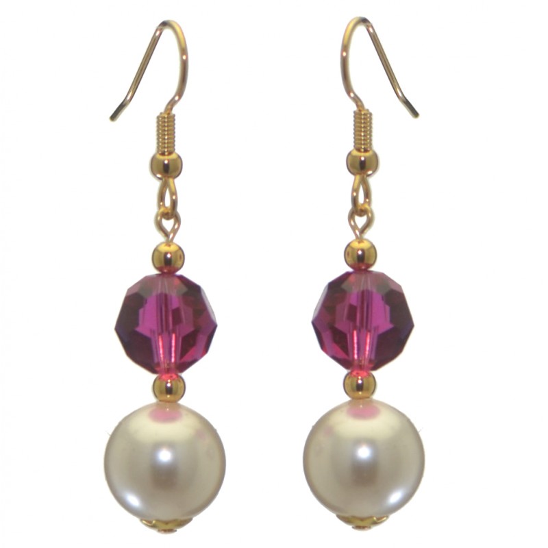 ALEXIA gold plated fuchsia pink white faux pearl hook earrings