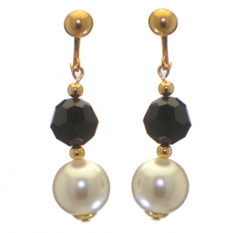 ALEXIA gold plated jet black white faux pearl clip on earrings