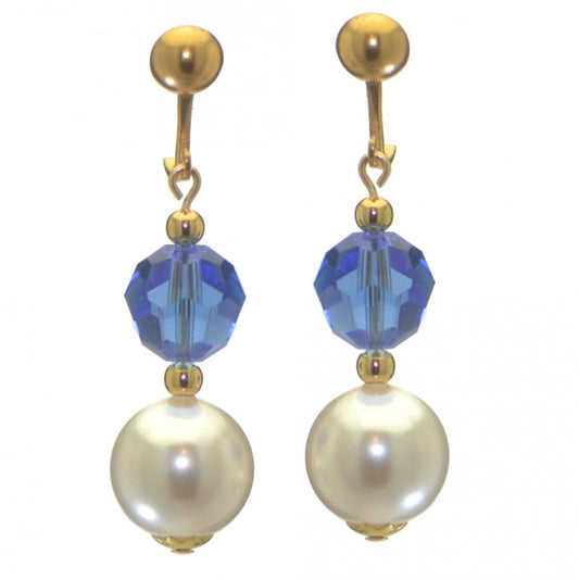 ALEXIA gold plated sapphire blue white faux pearl clip on earrings
