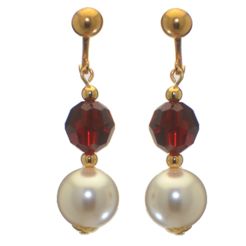 ALEXIA gold plated siam red white faux pearl clip on earrings