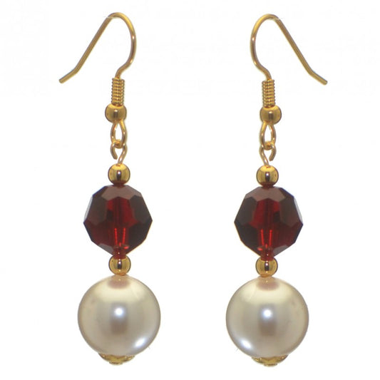 ALEXIA gold plated siam red white faux pearl hook earrings