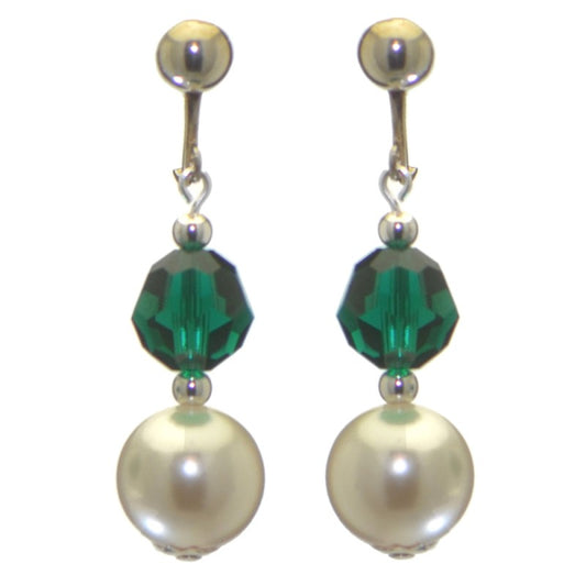 ALEXIA silver plated emerald green white faux pearl clip on earrings