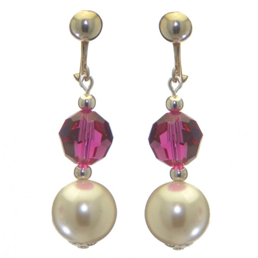 ALEXIA silver plated fuchsia pink white faux pearl clip on earrings