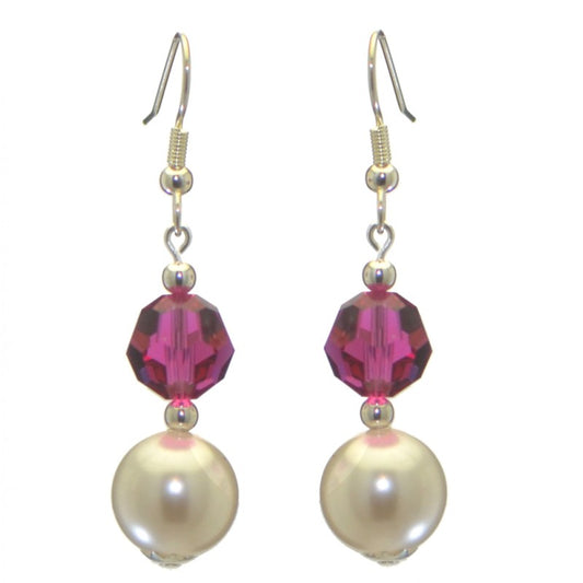 ALEXIA silver plated fuchsia pink white faux pearl hook earrings