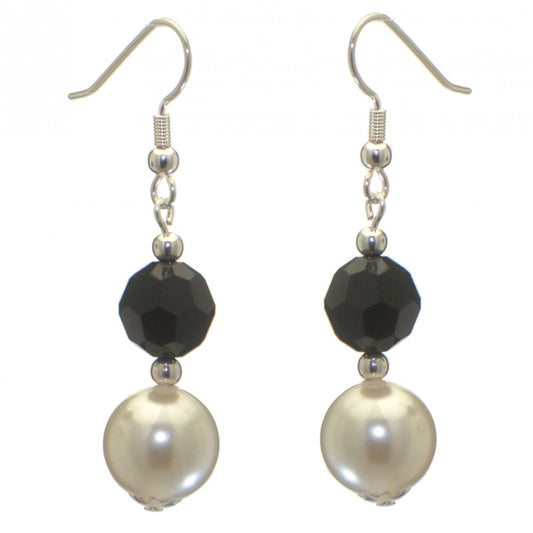 ALEXIA silver plated jet black white faux pearl hook earrings