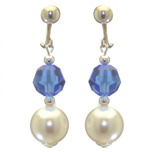 ALEXIA silver plated sapphire blue white faux pearl clip on earrings
