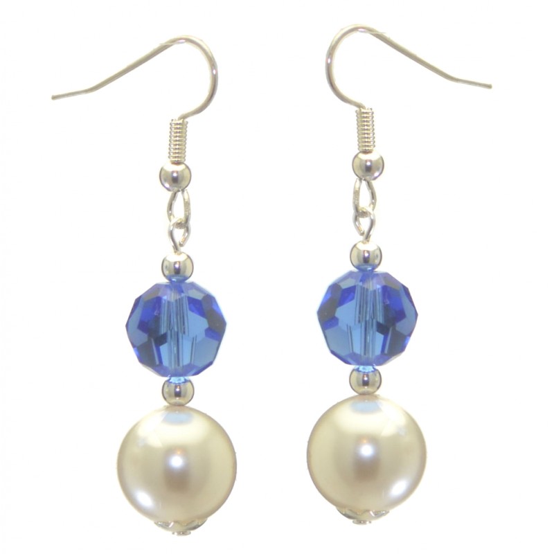 ALEXIA silver plated sapphire blue white faux pearl hook earrings