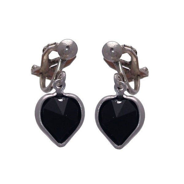 AMARA Jet Crystal Heart Silver Plated Clip On Earrings