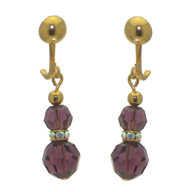 AMUNET gold plated amethyst purple crystal clip on earrings