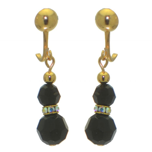 AMUNET gold plated jet black crystal clip on earrings