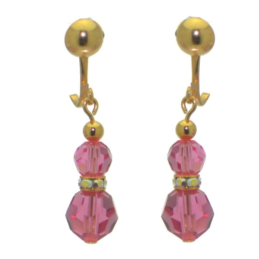 AMUNET gold plated rose pink crystal clip on earrings