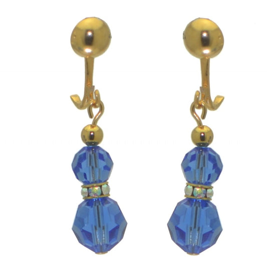 AMUNET gold plated sapphire blue crystal clip on earrings