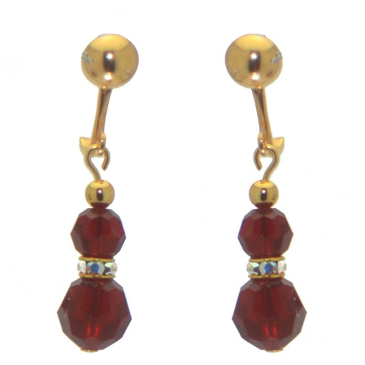 AMUNET gold plated siam red crystal clip on earrings