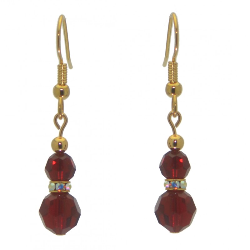 AMUNET gold plated siam red crystal hook earrings