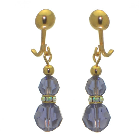 AMUNET gold plated tanzanite lilac crystal clip on earrings