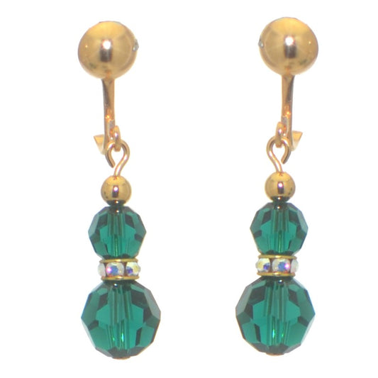AMUNET plaqué or boucles d'oreilles clip cristal vert émeraude