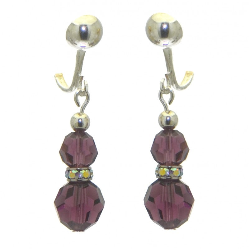 AMUNET silver plated amethyst purple crystal clip on earrings