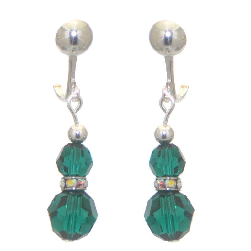AMUNET silver plated emerald green crystal clip on earrings