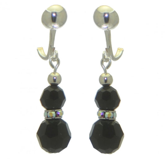 AMUNET silver plated jet black crystal clip on earrings