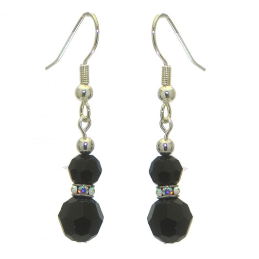 AMUNET silver plated jet black crystal hook earrings
