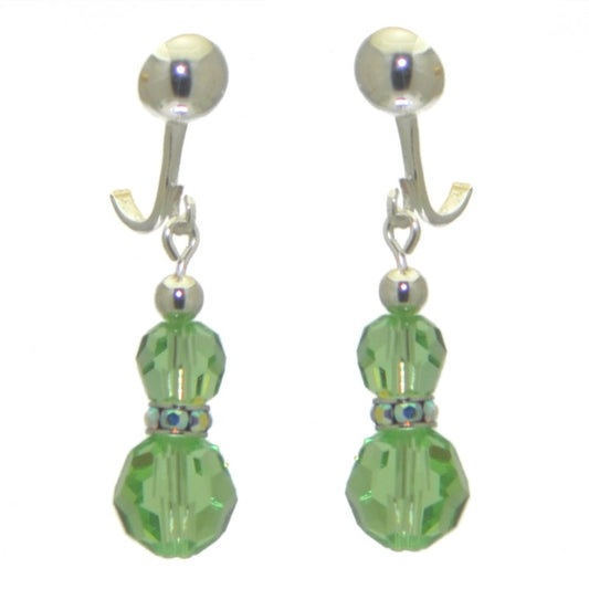 AMUNET silver plated peridot green crystal clip on earrings