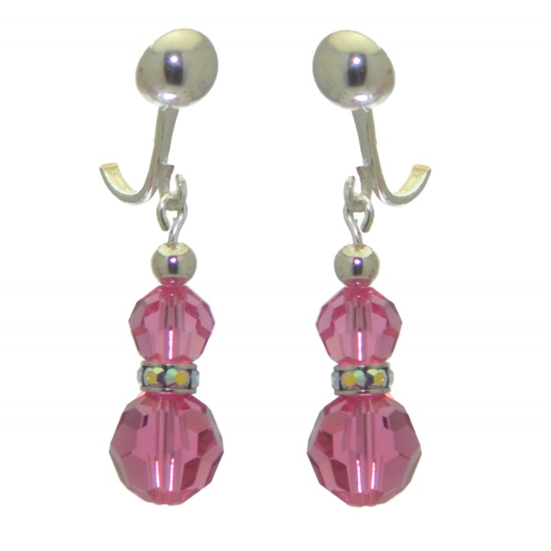AMUNET silver plated rose pink crystal clip on earrings