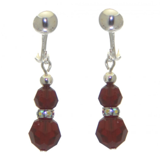 AMUNET silver plated siam red crystal clip on earrings
