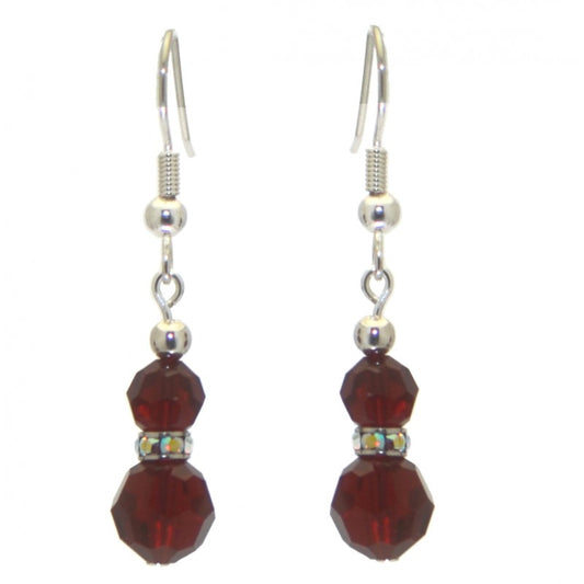 AMUNET silver plated siam red crystal hook earrings