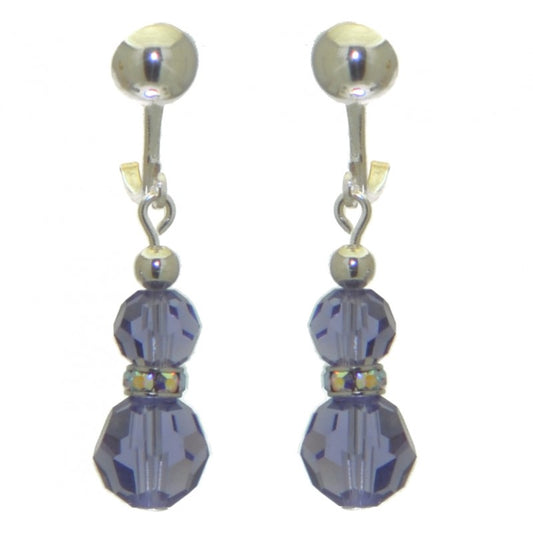 AMUNET silver plated tanzanite lilac crystal clip on earrings