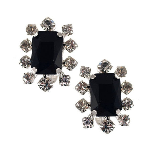 BANSARI Silver Plated Jet Clear Crystal Clip On Earrings