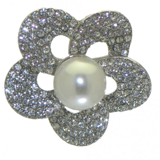 BEGONIA silver plated crystal faux pearl scarf clip - brooch