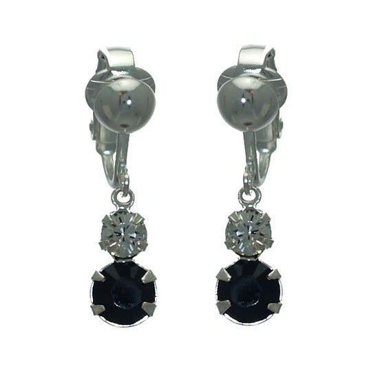 BOADICEA Silver Plated Jet & Clear Crystal Clip On Earrings