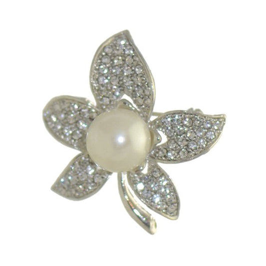 BOUVARDIA Silver tone Crystal faux Pearl Flower Brooch